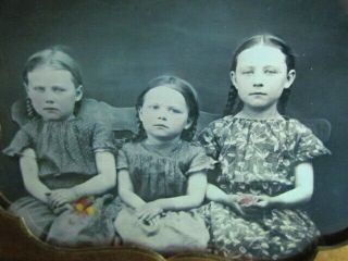 Cute Trio Of Young Sisters Holding Flowers Daguerreotype Photograph