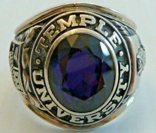 Temple University 10 Karat Gold Class Ring W/ Purple Stone,  Owl " 1969 "