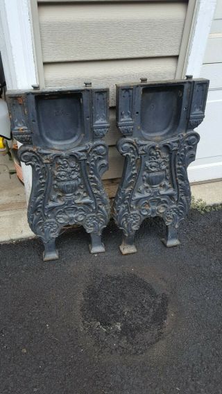 2 Antique Ornate Cast Iron Art Deco Theater Seat End Side Panel American Seating