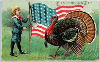 Vintage Thanksgiving Postcard Boy W/ Ax,  U.  S.  American Flag & Doomed Turkey 1910