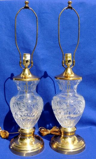 Vintage Pair Cut Glass 24 Lead Crystal & Brass Etched Flower Poland Table Lamps