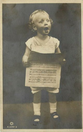 Vintage Rotary Photo Rppc A.  1594 - 3,  Cute Toddler Singing,  Holding Sheet Music