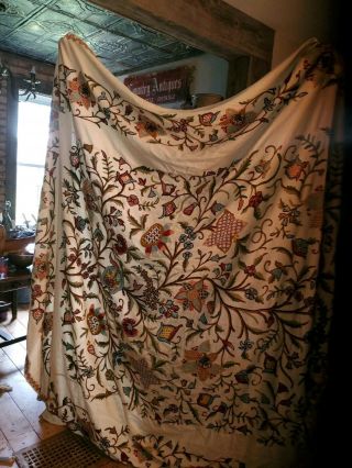LARGE ANTIQUE EMBROIDERED CREWEL BED COVER 4