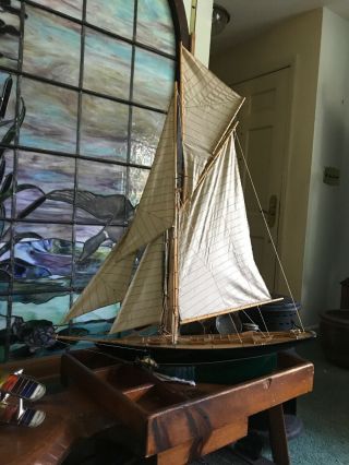 Large Wooden Model Sailboat With Sail And Rigging.  Too.