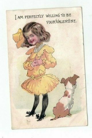 Antique 1909 Tuck Buster Brown Valentine Post Card Girl In Fancy Dress With Dog