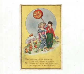 C.  1919 Halloween Postcard By Whitney Children Pumpkin Sprites Mushroom Fantasy