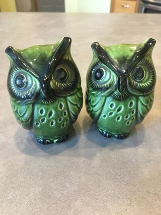 Vintage Ew Japan Green Ceramic Owl Bird Shakers Salt And Pepper