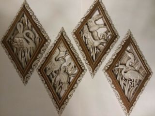 Vintage Set Of 4 Burwood Diamond Wall Hangings Plaques Swans Doves Cranes Ducks
