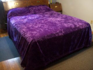 Vintage Crushed Velvet Bedspread Queen Size W/2 Shams Royal Purple W/fringe