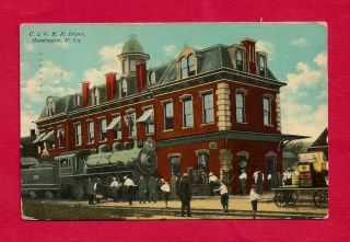 Huntington,  Wv,  Postcard View Of Old C & O Railroad Depot,  Train,  People,  1910