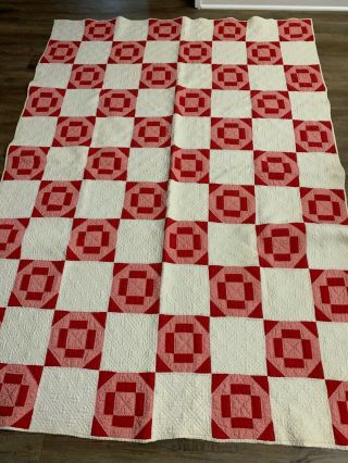 Vintage Quilt Hand Made Red And White Block 54 " X 77 "