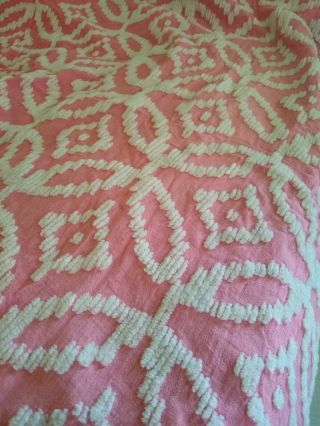 Vintage Bubble Gum Pink & White Chenille Bedspread Wedding Ring Full or Queen 4