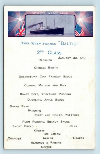 1910 Baltic 2nd Class Menu - White Star Line Ocean Liner Steamship - Postcard
