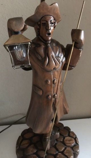 Vintage Carved Wooden Tall Table Lamp Paul Revere Statue Lantern Night Light Tv