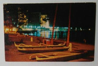 Vintage Hawaii Postcard Beach At Evening Canoe Postmark 1973 6 Cent Stamp
