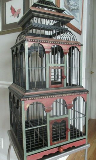 Wood Bird Cage Vtg Asian Chinese Pagoda Dynasty Colors Dome Top House Usa Seller