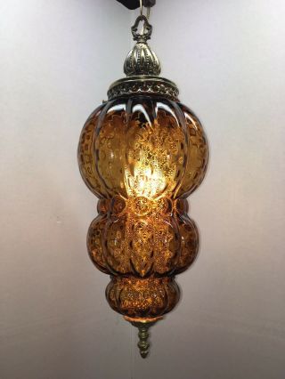 Vintage Mcm Amber Glass Three Tiered Hanging Swag Lamp Light