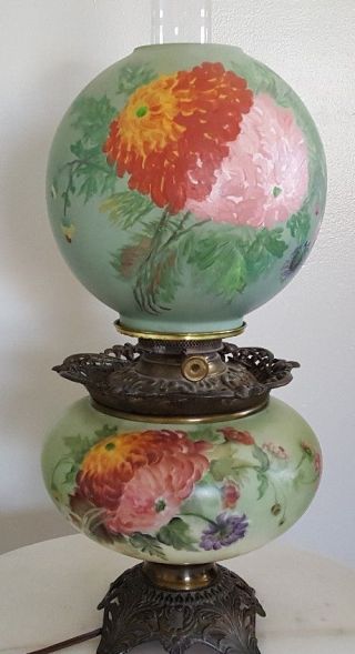 Vintage Parlor Gwtw Hurricane Lamp Electrified Hand - Painted 3 Way