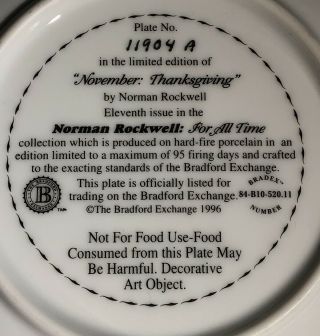 Norman Rockwell : For All Time “November : Thanksgiving” 6 Inch Porcelain Plate 8