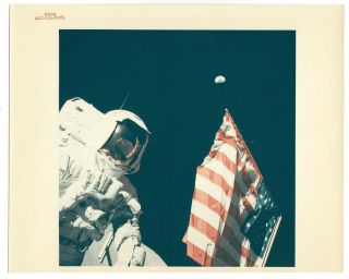Harrison Schmitt By Us Flag Apollo 17 Vintage Nasa Numbered Glossy Photo