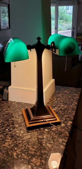 Vintage Verdalite Double Lamp Brass Side By Side Two Light Green Shade Desk Bank