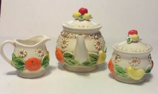Fred Roberts Co.  White Porcelain Fruit Motif Tea Set/ Tea Pot,  Cream,  Sugar