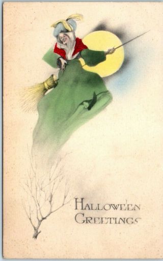 Vintage Halloween Greetings Postcard Witch In Green Dress On Flying Broom 1919