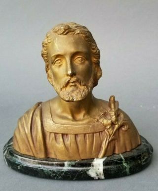 Antique Gilded Bronze Bust Of Christ With Lilies On Marble Base Signed