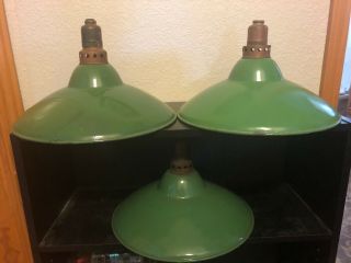 Set Of 3 Vintage Antique Industrial Green Enamel Porcelain Light Shades Fixtures