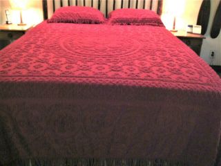 Vintage Look Dark Red Queen Cotton Chenille Bedspread 2 Shams Heavyweight Vgc