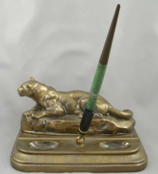Moore ' s Oversize Jade Green Fountain Pen On Lioness Brass Desk Set - 1920 ' s 2