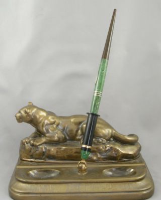 Moore ' s Oversize Jade Green Fountain Pen On Lioness Brass Desk Set - 1920 ' s 3