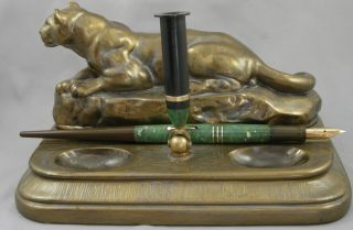 Moore ' s Oversize Jade Green Fountain Pen On Lioness Brass Desk Set - 1920 ' s 4