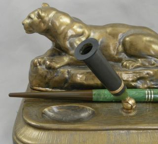 Moore ' s Oversize Jade Green Fountain Pen On Lioness Brass Desk Set - 1920 ' s 5