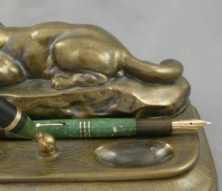 Moore ' s Oversize Jade Green Fountain Pen On Lioness Brass Desk Set - 1920 ' s 6