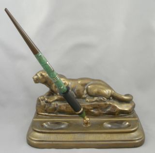 Moore ' s Oversize Jade Green Fountain Pen On Lioness Brass Desk Set - 1920 ' s 7