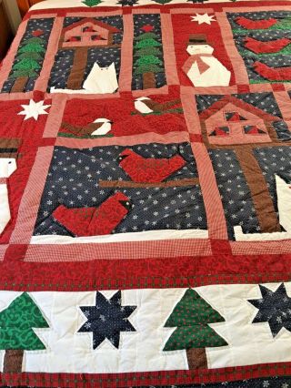 Vintage Hand Quilted Winter Christmas Quilt Cats Snowman Trees Birds 86 X 86 "