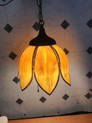 Vintage Mid Century Modern Hanging Slag Swag Lamp Yellow Tigers Eye Tulip