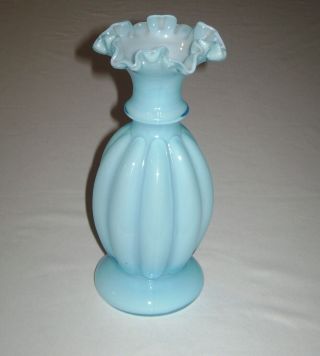 Vintage Fenton Art Glass Vase Blue Opalescent Melon Rib Crimped Rim