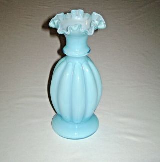 Vintage Fenton Art Glass Vase Blue Opalescent Melon Rib Crimped Rim 2