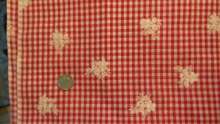 Vintage Cotton Fabric Flocked White Floral/red Gingham Check Plaid 1 Yd/44 "