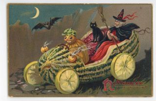Witch Black Cat In Automobile Car Halloween Vintage Raphael Tuck Postcard