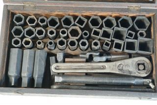 Antique Frank Mossberg No 14 Socket Set with Ratchet Wrench T - Handle Universal 3