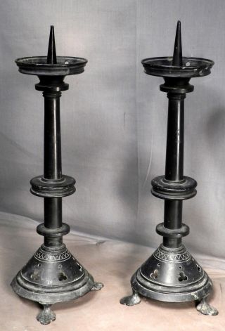 Pair Victorian French Early Gothic Revival Candlestick Pricket Black Bronze Rich