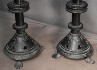 Pair Victorian French Early Gothic Revival Candlestick Pricket BLACK Bronze RICH 2
