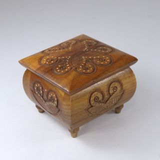 Vintage Ukrainian Russian Folk Art Wooden Hand Carved & Encrusted Jewelry Box