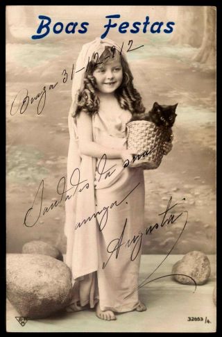 Edwardian Girl Like A Muse W/black Cat Bombay.  Old Real Photo Postcard 1910s