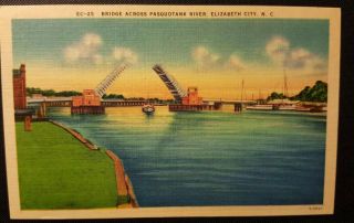 North Carolina Postcard 1930s Draw Bridge Elizabeth City Nc Pasquotank River