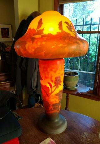 Vintage Emile Galle Style Table Lamp / Orange With Rose Motif W/lighted Base.