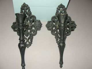 Set Of 2 Vintage Metal Black Gold Gothic Medieval Wall Candle Holders Pair
